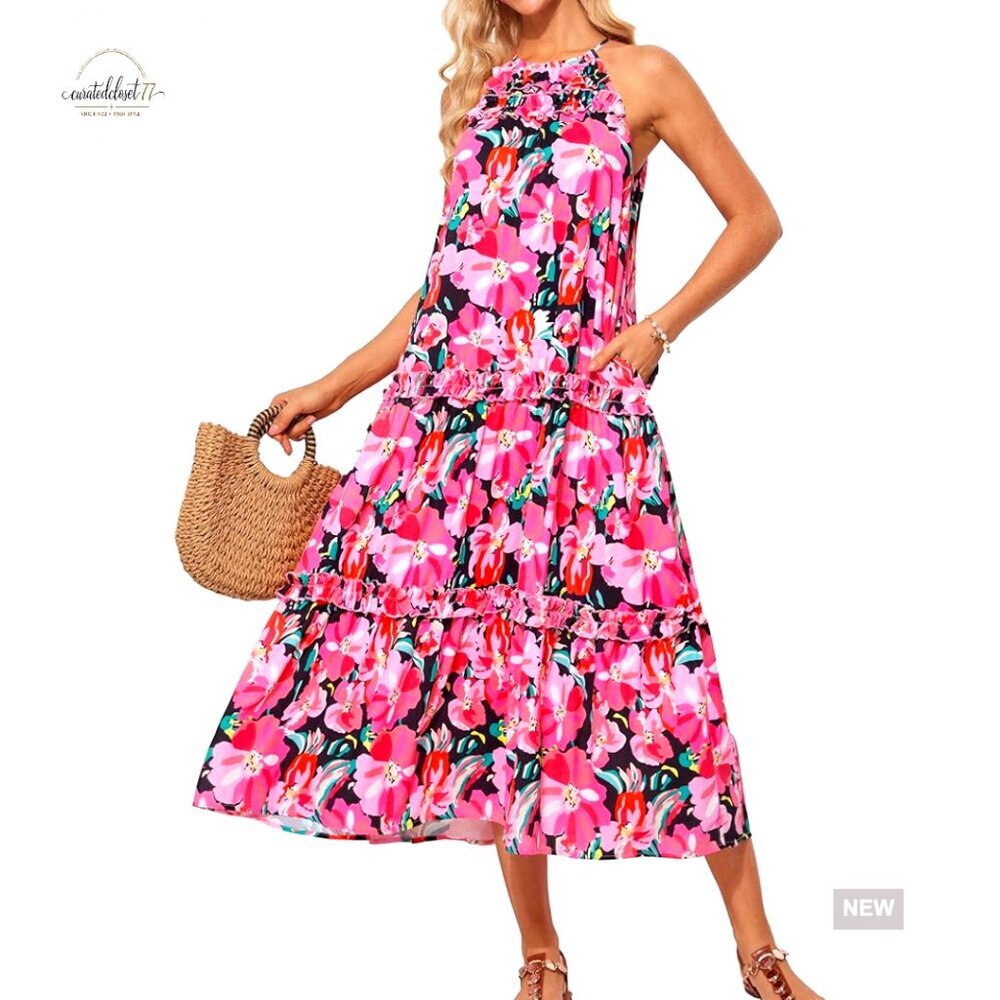 Maxi Boho Dress Halter Tiered Floral Summer Beach Vacation Casual
